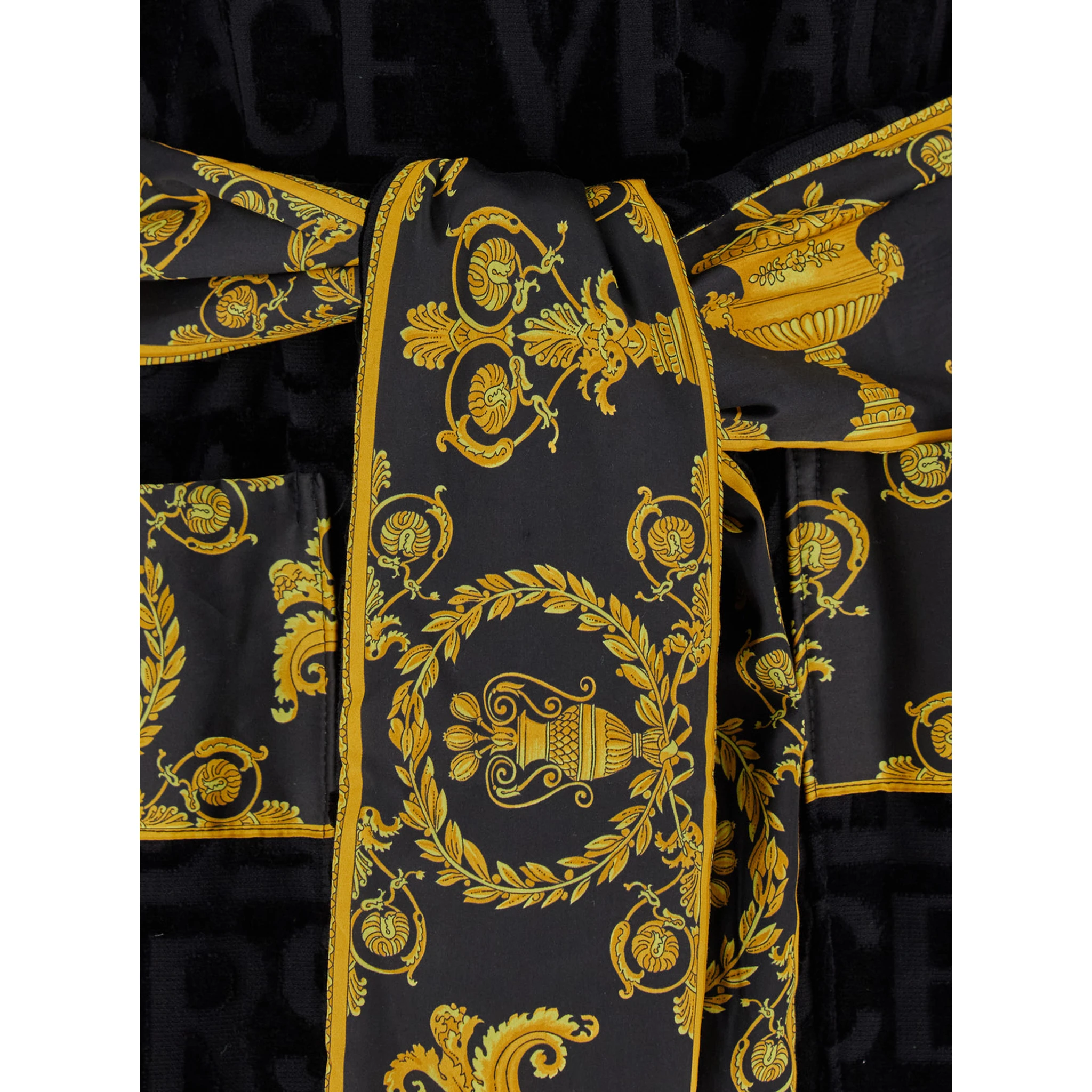 Black Terry Cotton Bathrobe with Baroque Pattern