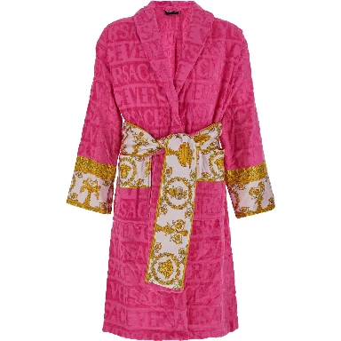 Pink Bathrobe with Baroque Pattern in Terry Cotton