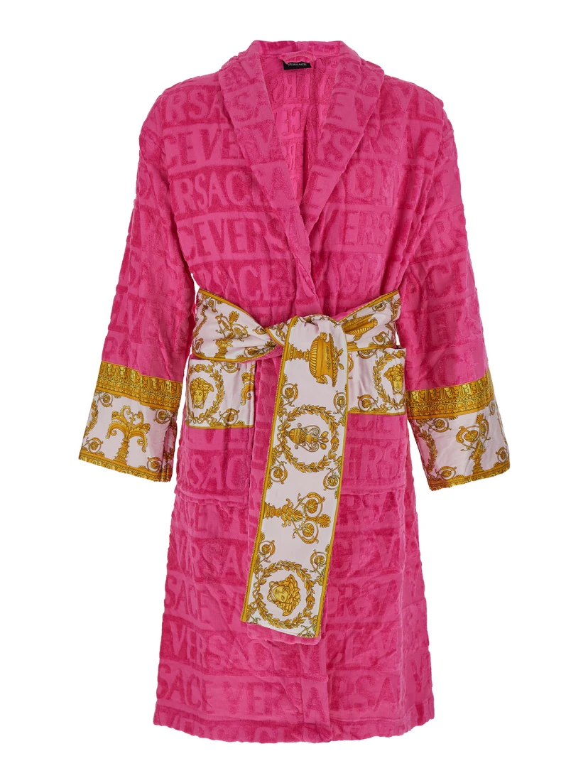 Pink Bathrobe with Baroque Pattern in Terry Cotton