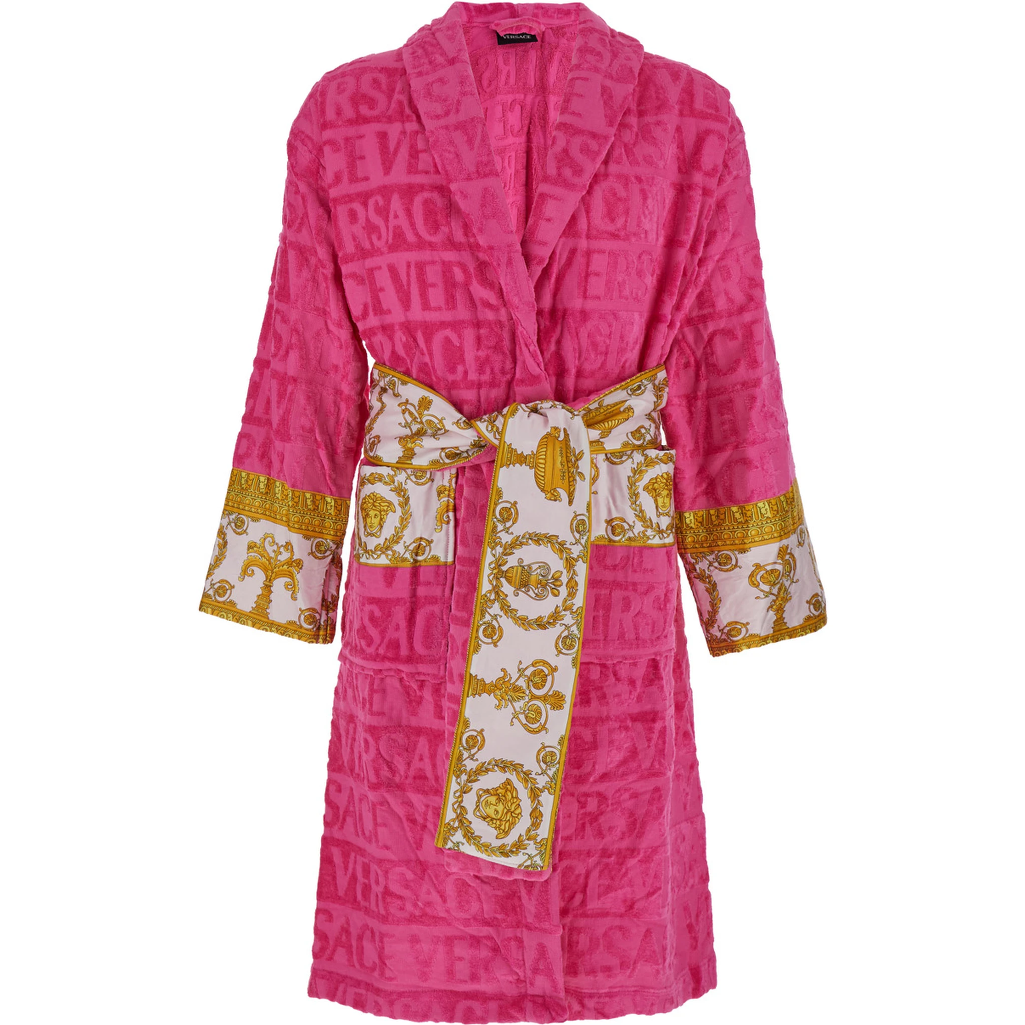 Pink Bathrobe with Baroque Pattern in Terry Cotton