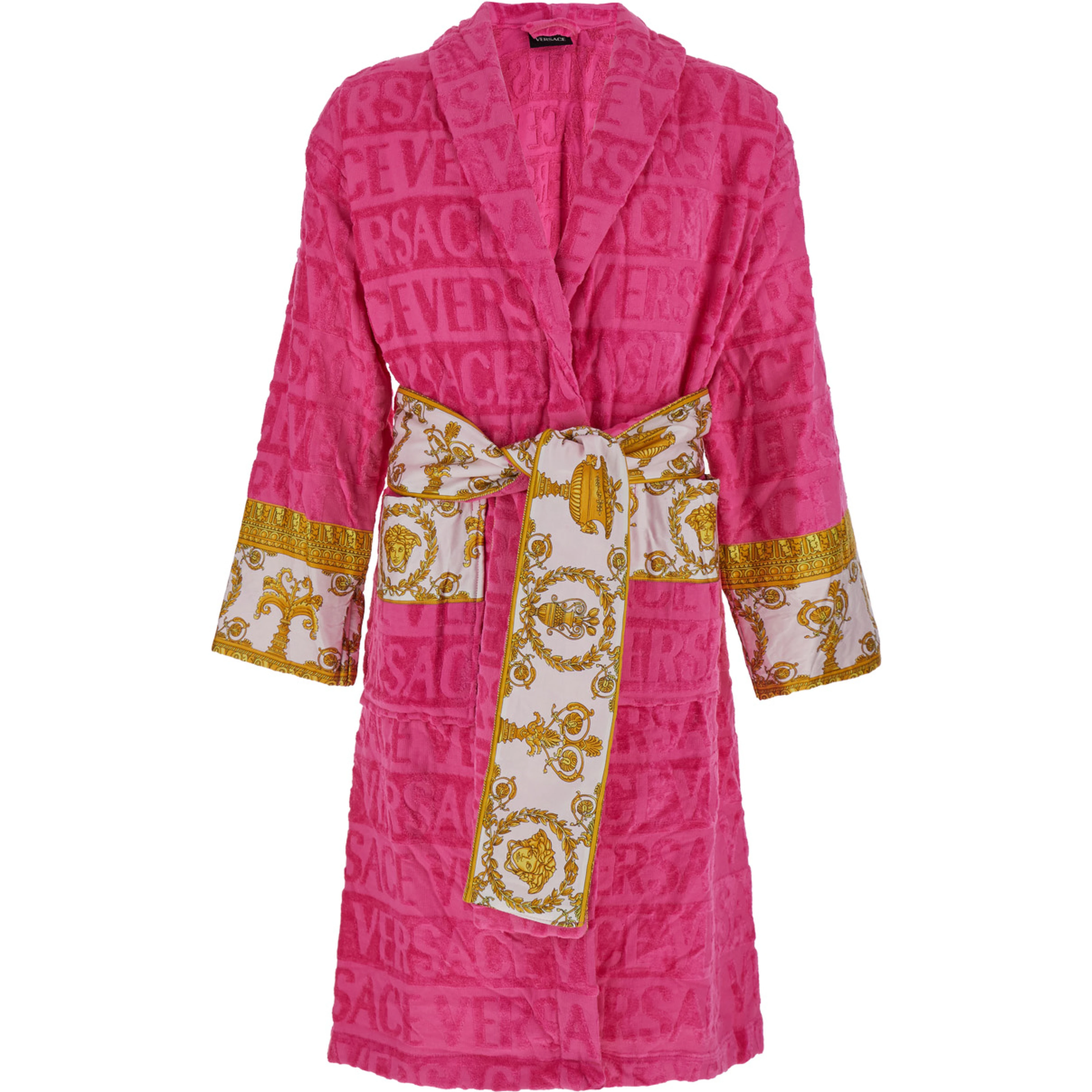 Pink Bathrobe with Baroque Pattern in Terry Cotton