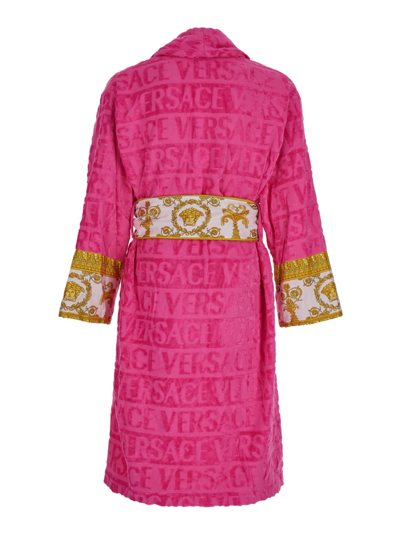 Pink Bathrobe with Baroque Pattern in Terry Cotton