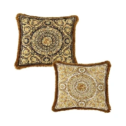 Gold, Black and White Pillow  in Silk and Synthetic Fibers with Baroque Print