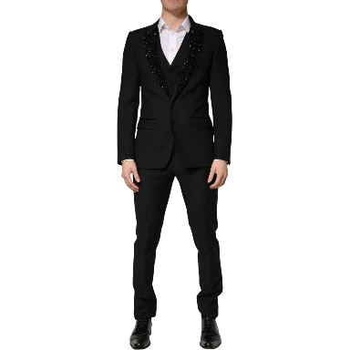 Black Wool Single Breasted 3 Piece Men Suit