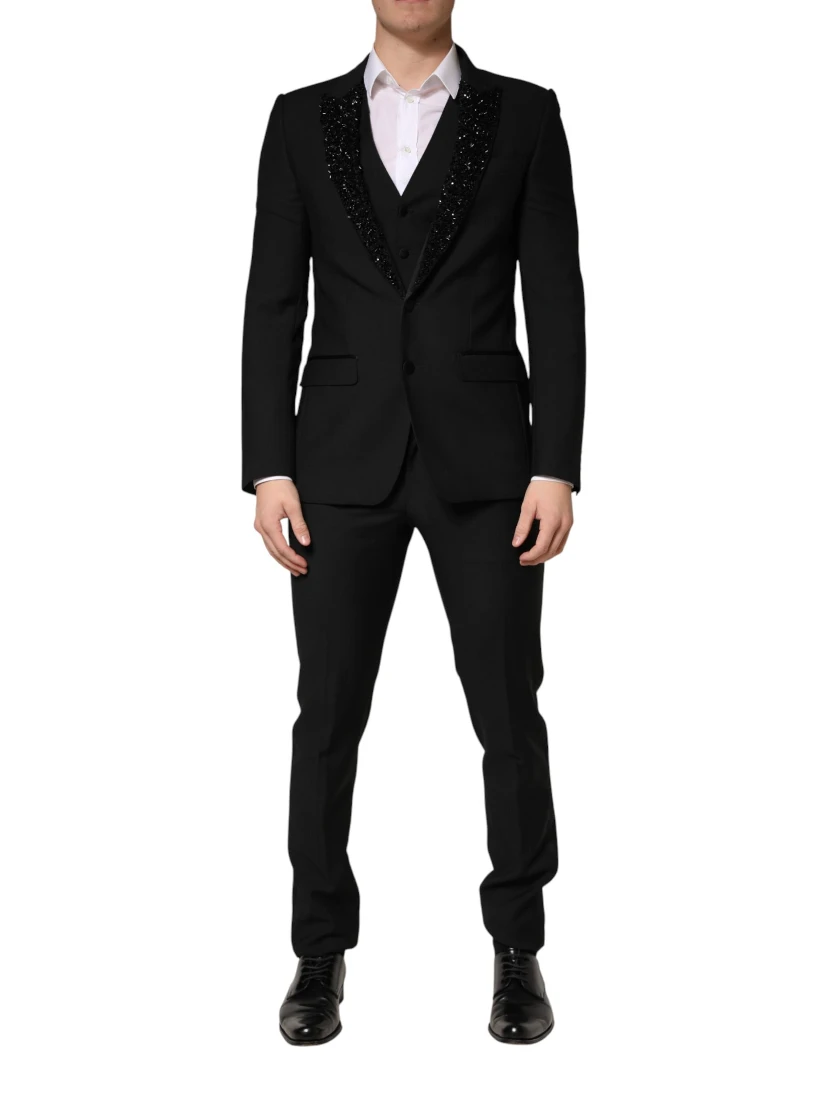 Black Wool Single Breasted 3 Piece Men Suit