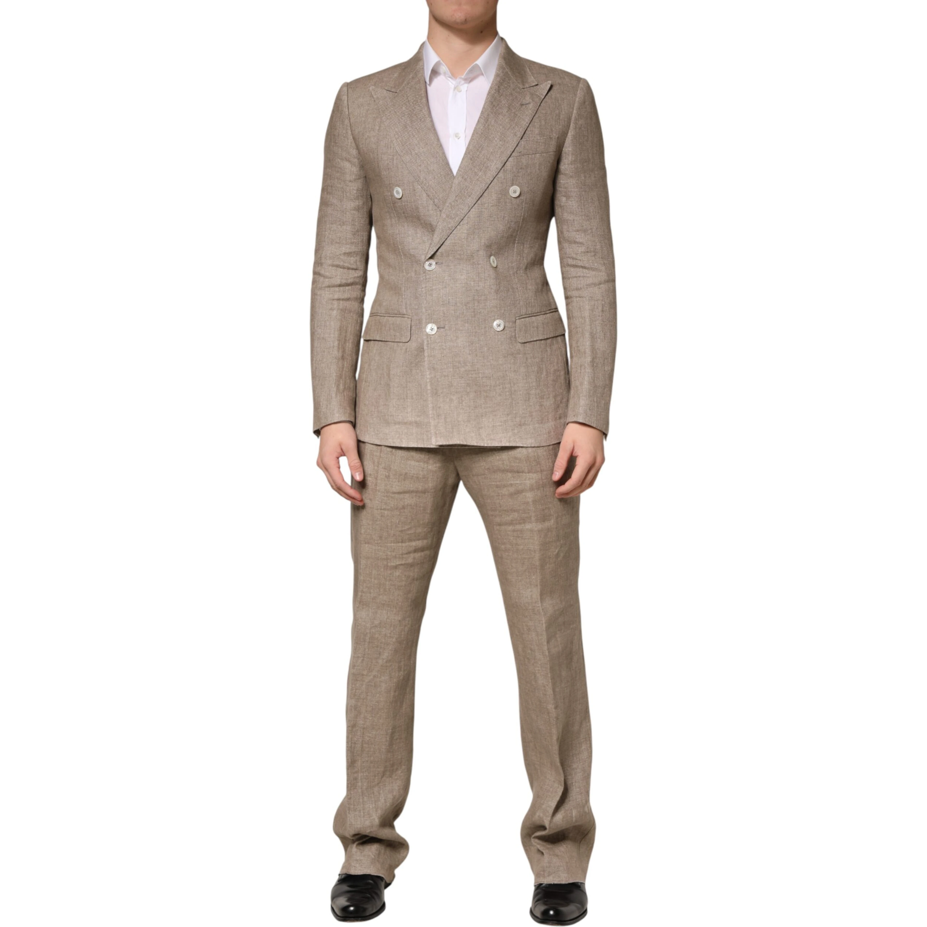 Beige Linen Double Breasted 2 Piece Men Suit