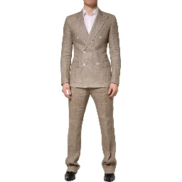 Beige Linen Double Breasted 2 Piece Men Suit