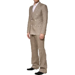Beige Linen Double Breasted 2 Piece Men Suit
