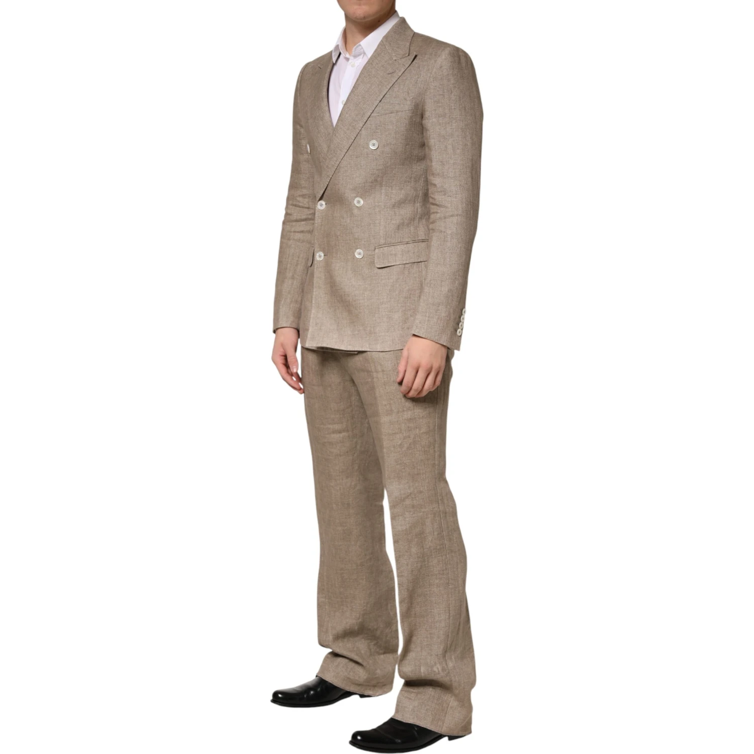Beige Linen Double Breasted 2 Piece Men Suit