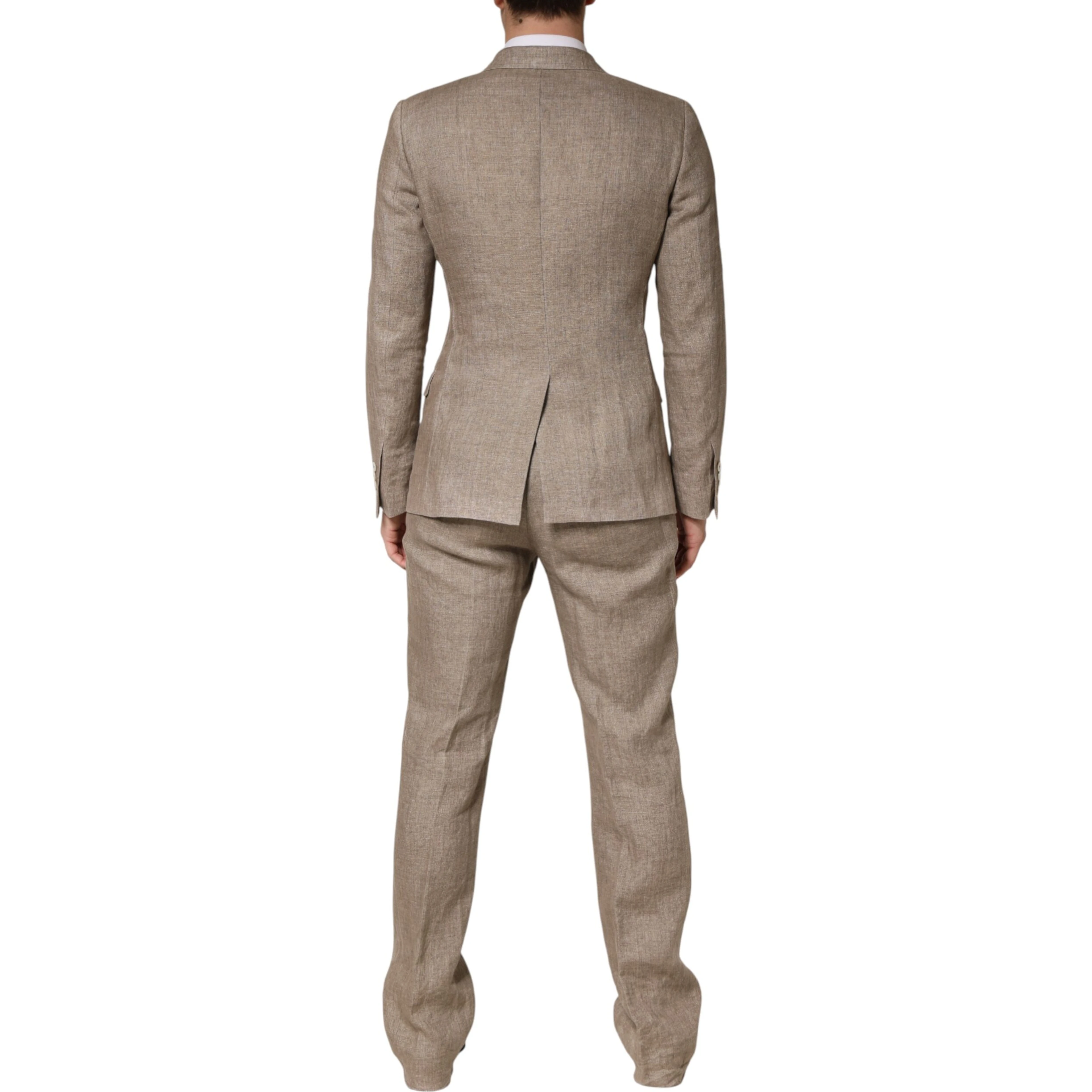 Beige Linen Double Breasted 2 Piece Men Suit