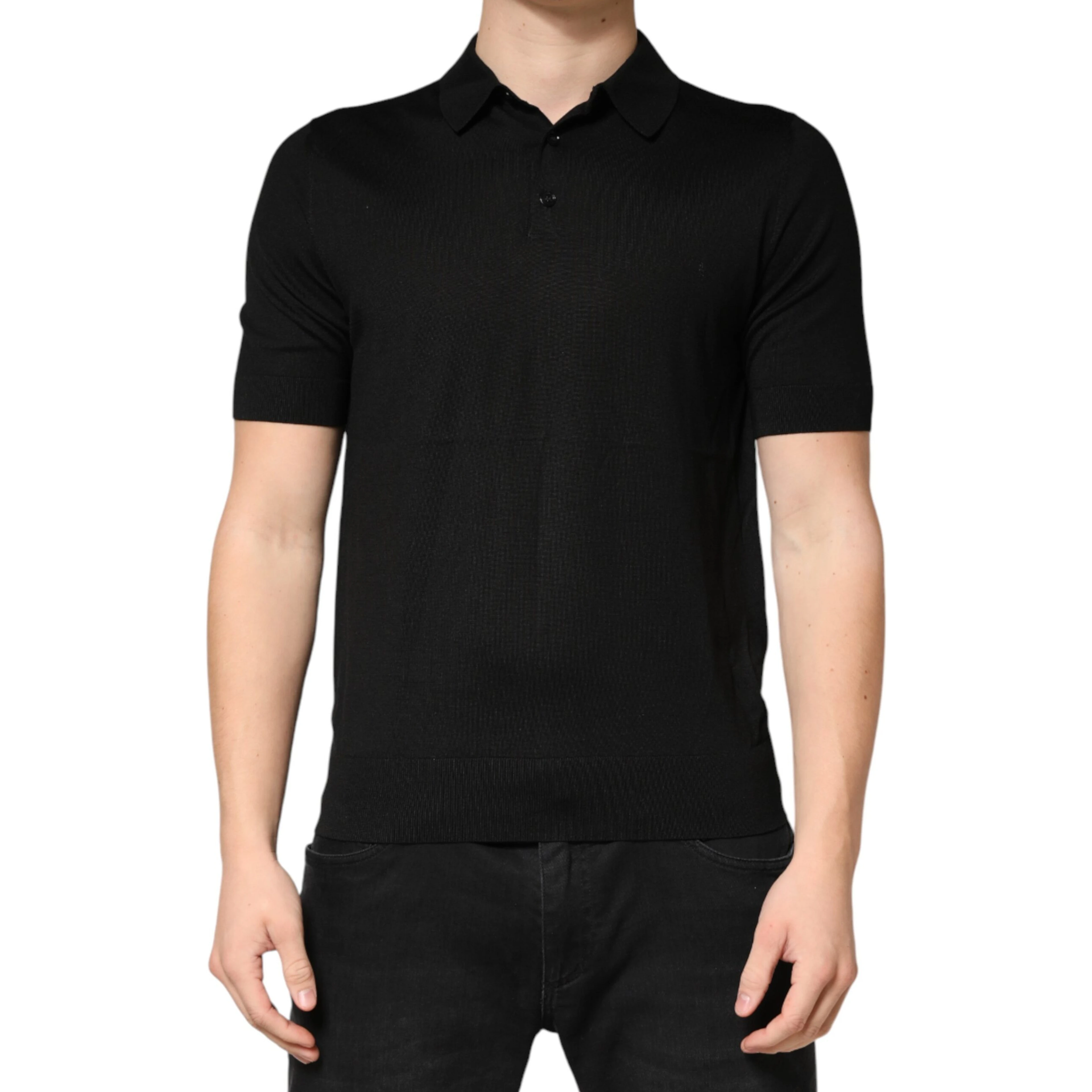Black Silk Collared Short Sleeve Polo T-shirt