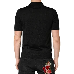 Black Silk Collared Short Sleeve Polo  T-shirt