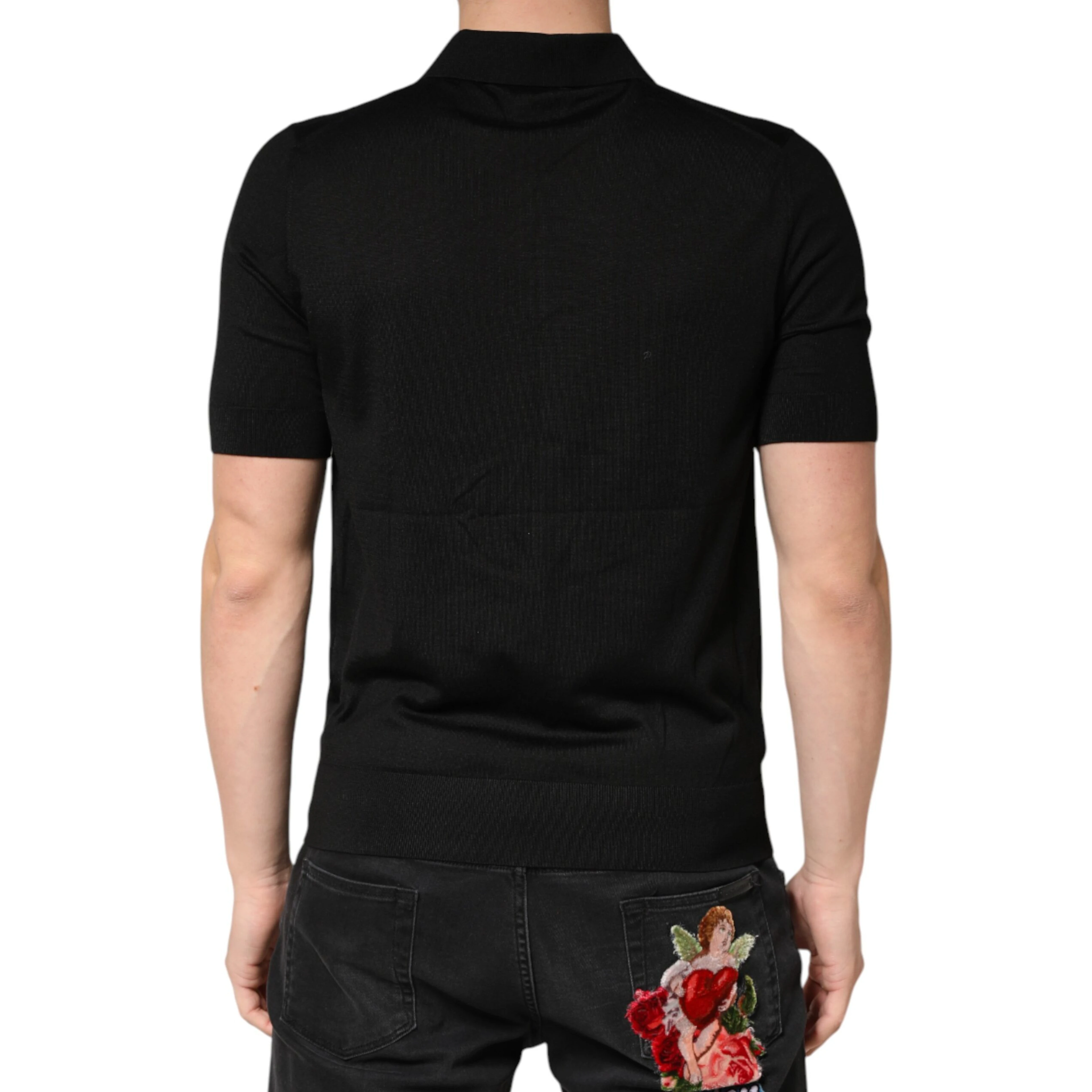 Black Silk Collared Short Sleeve Polo T-shirt