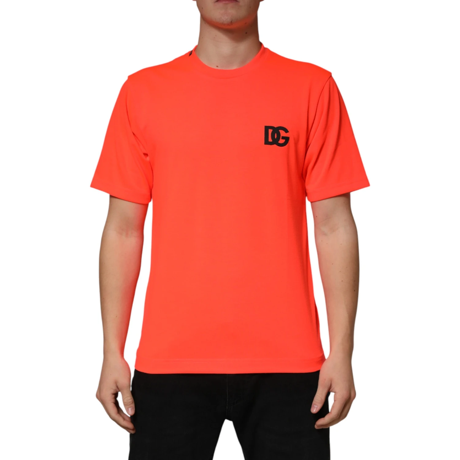 Neon Orange Polyester Crew Neck Men T-shirt