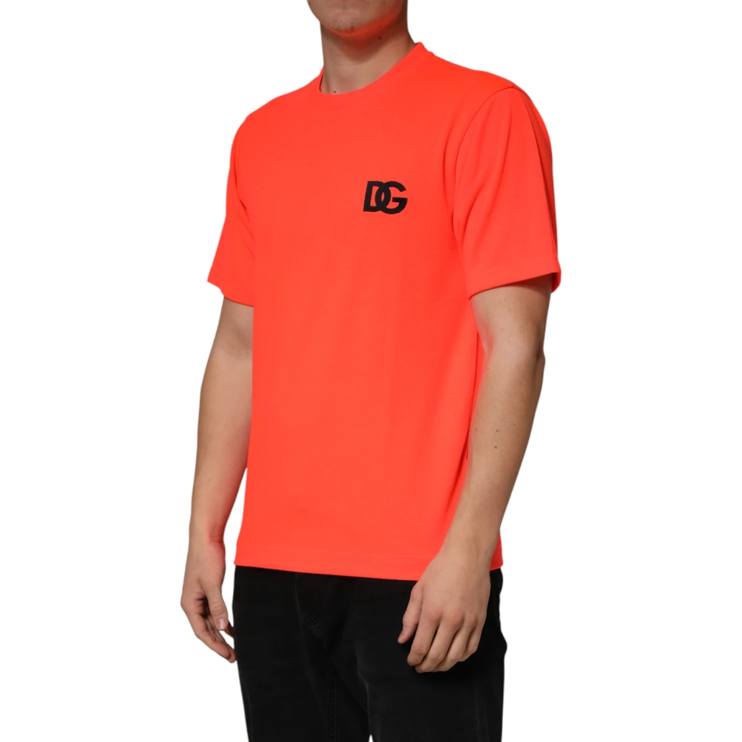 Neon Orange Polyester Crew Neck Men T-shirt