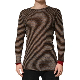 Brown Black Stripes Wool Crew Neck Pullover Sweater