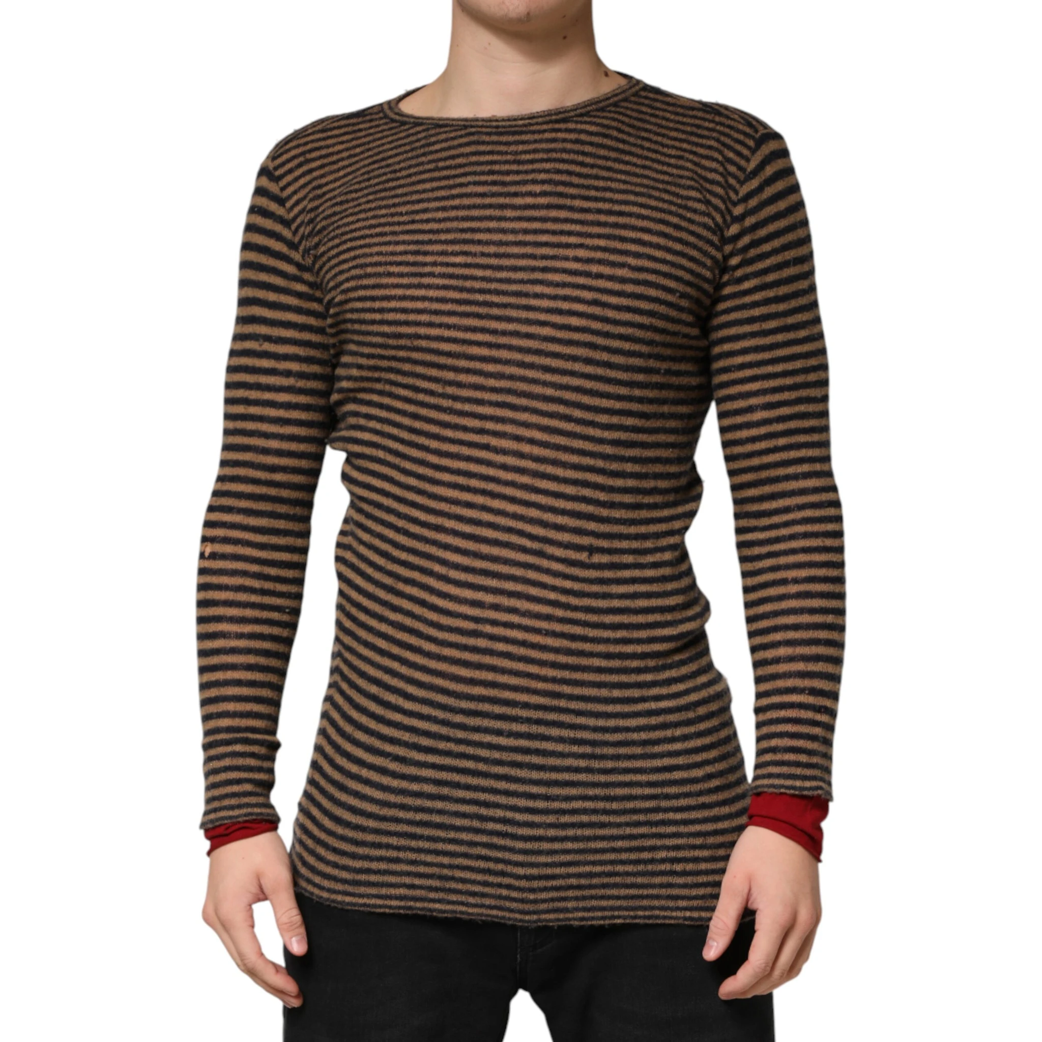 Brown Black Stripes Wool Crew Neck Pullover Sweater