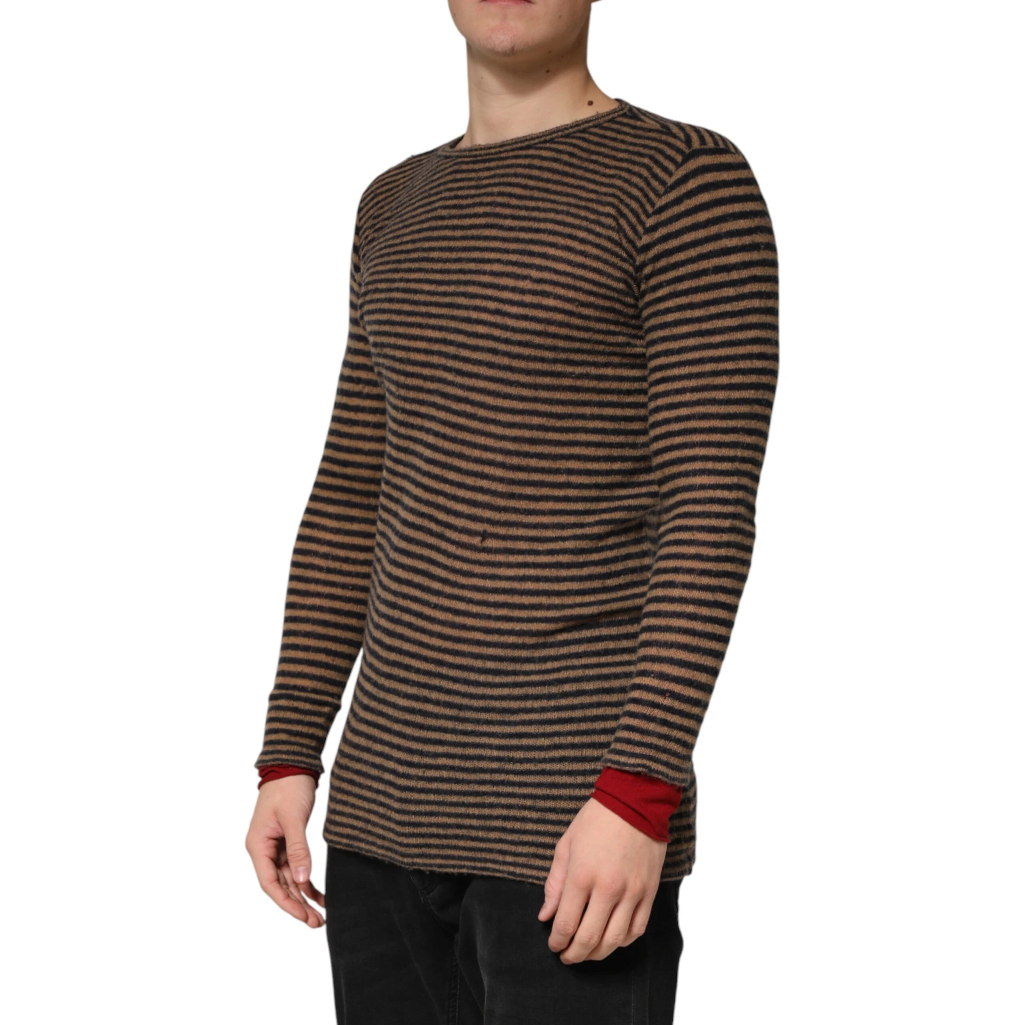 Brown Black Stripes Wool Crew Neck Pullover Sweater