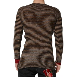 Brown Black Stripes Wool Crew Neck Pullover Sweater