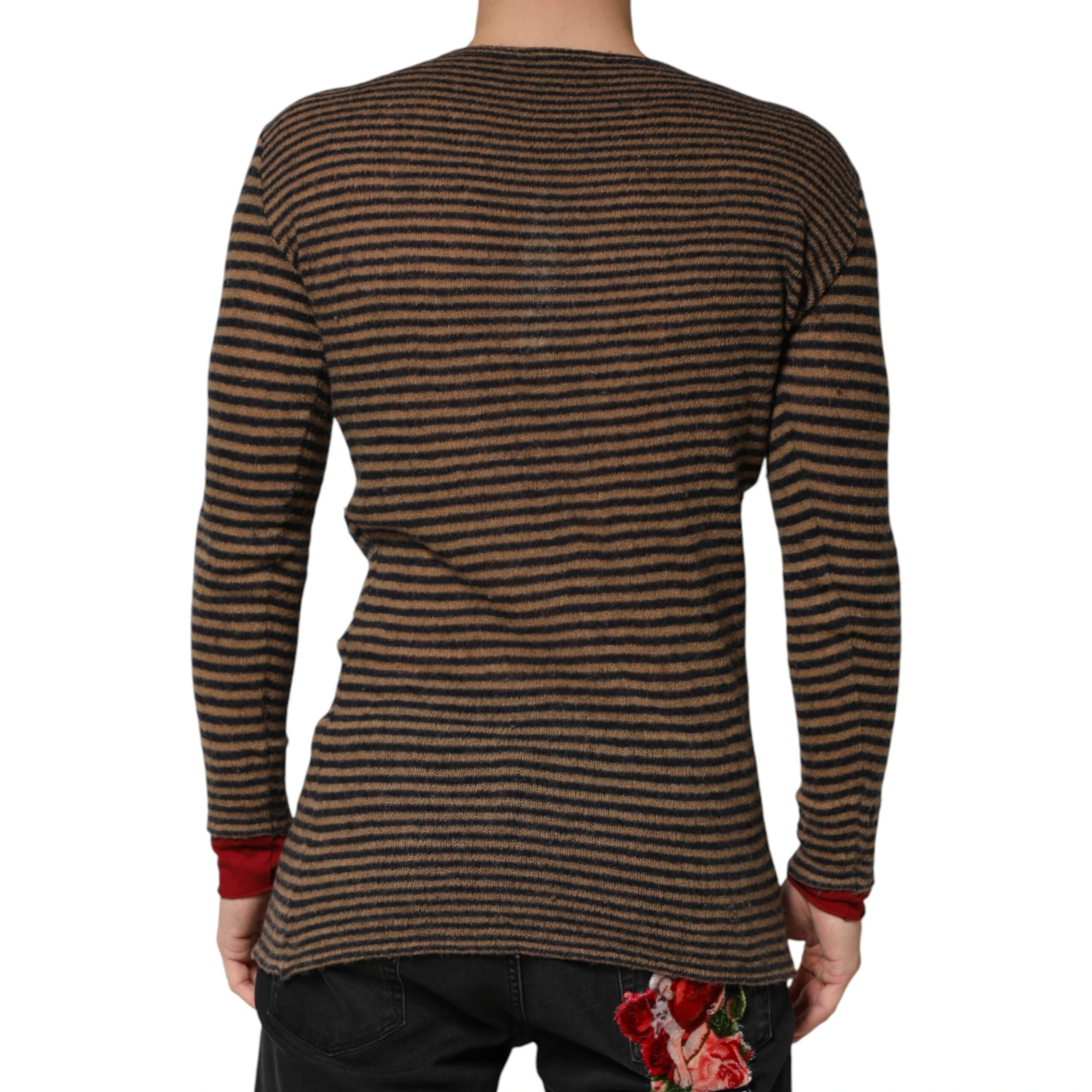 Brown Black Stripes Wool Crew Neck Pullover Sweater