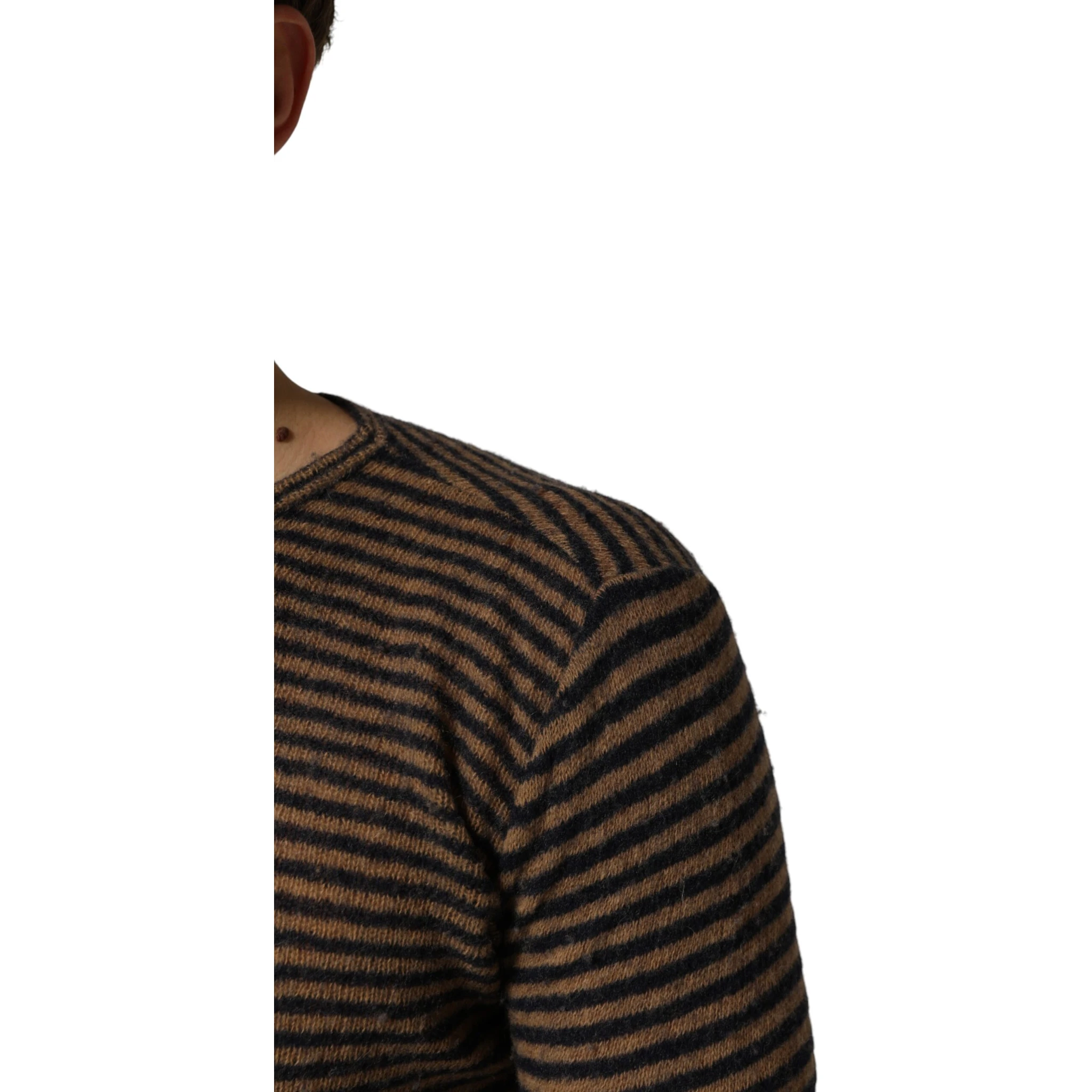 Brown Black Stripes Wool Crew Neck Pullover Sweater