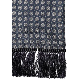 Blue Patterned Silk Fringes Foulard 138cm x 15.5cm Scarf