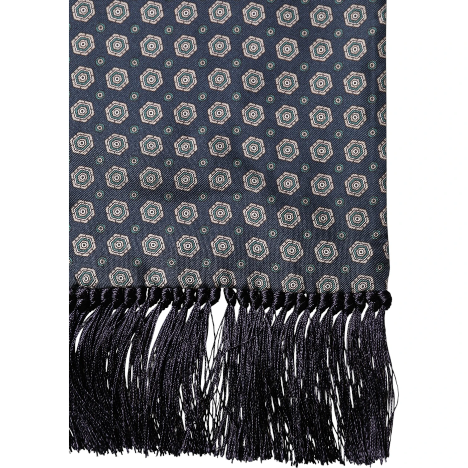 Blue Patterned Silk Fringes Foulard 138cm x 15.5cm Scarf