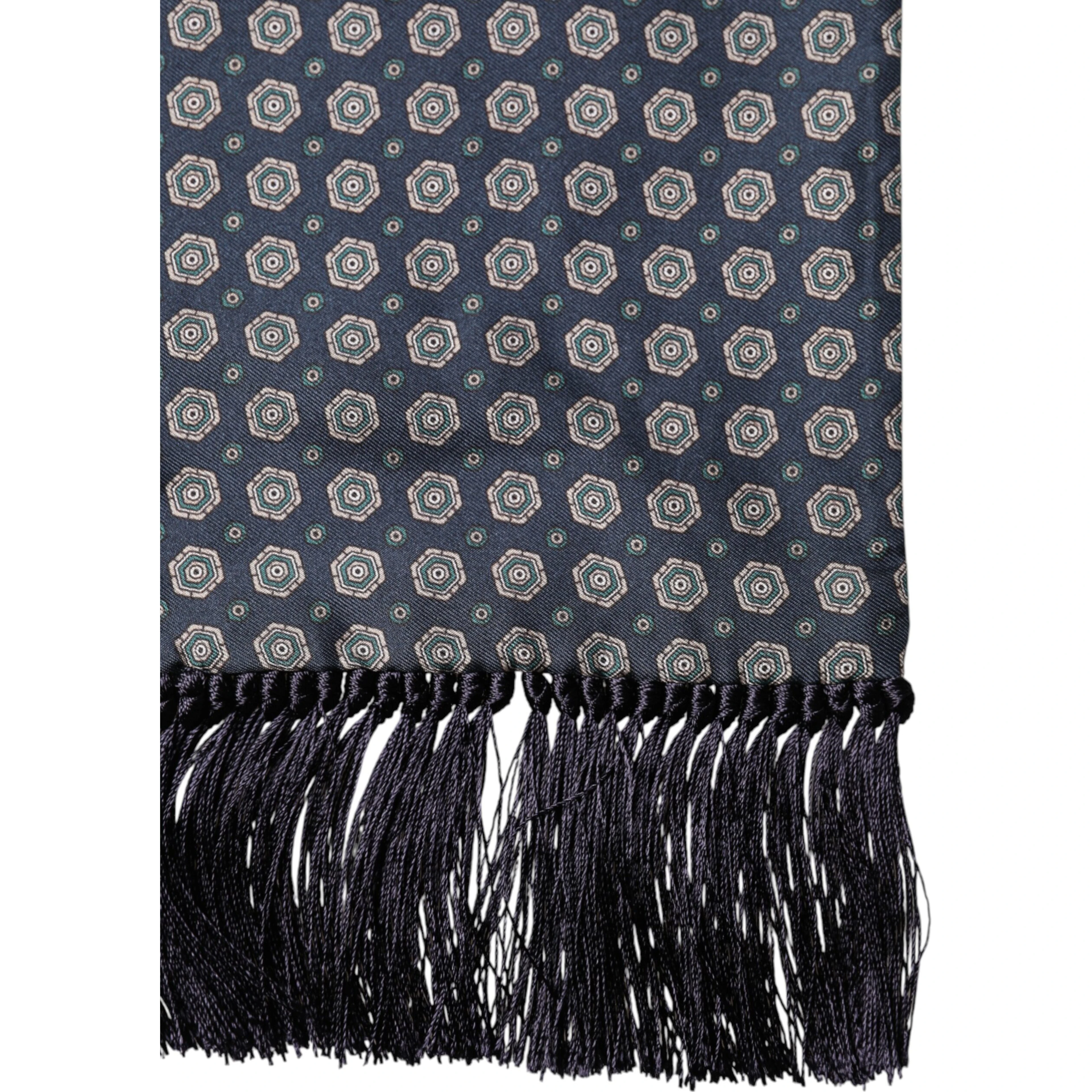 Blue Patterned Silk Fringes Foulard 138cm x 15.5cm Scarf