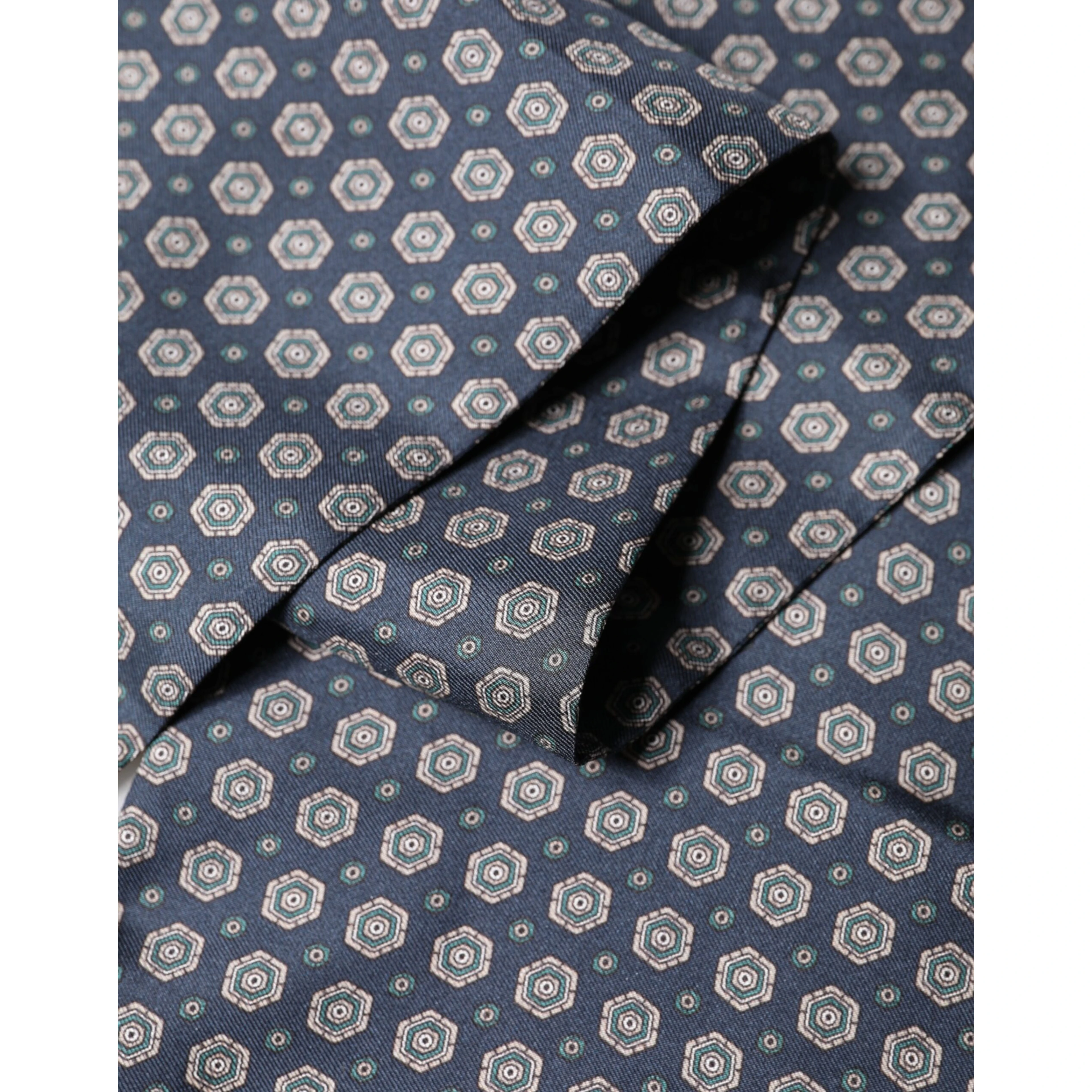 Blue Patterned Silk Fringes Foulard 138cm x 15.5cm Scarf