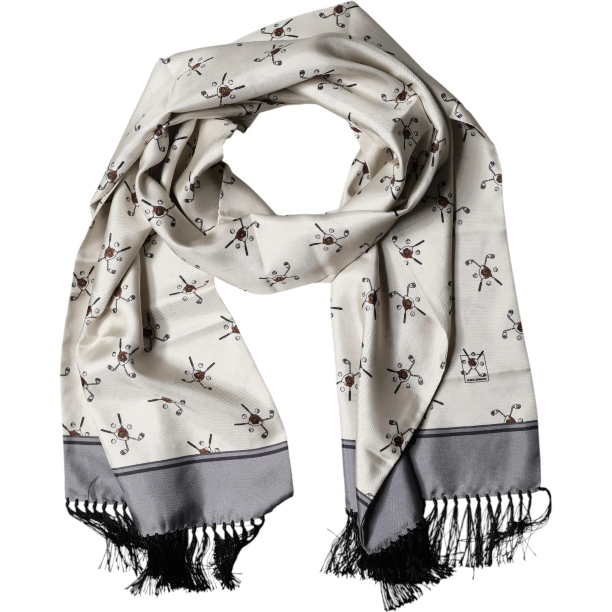 White Printed Fringes Wrap Foulard Men 183cm x 33cm Scarf