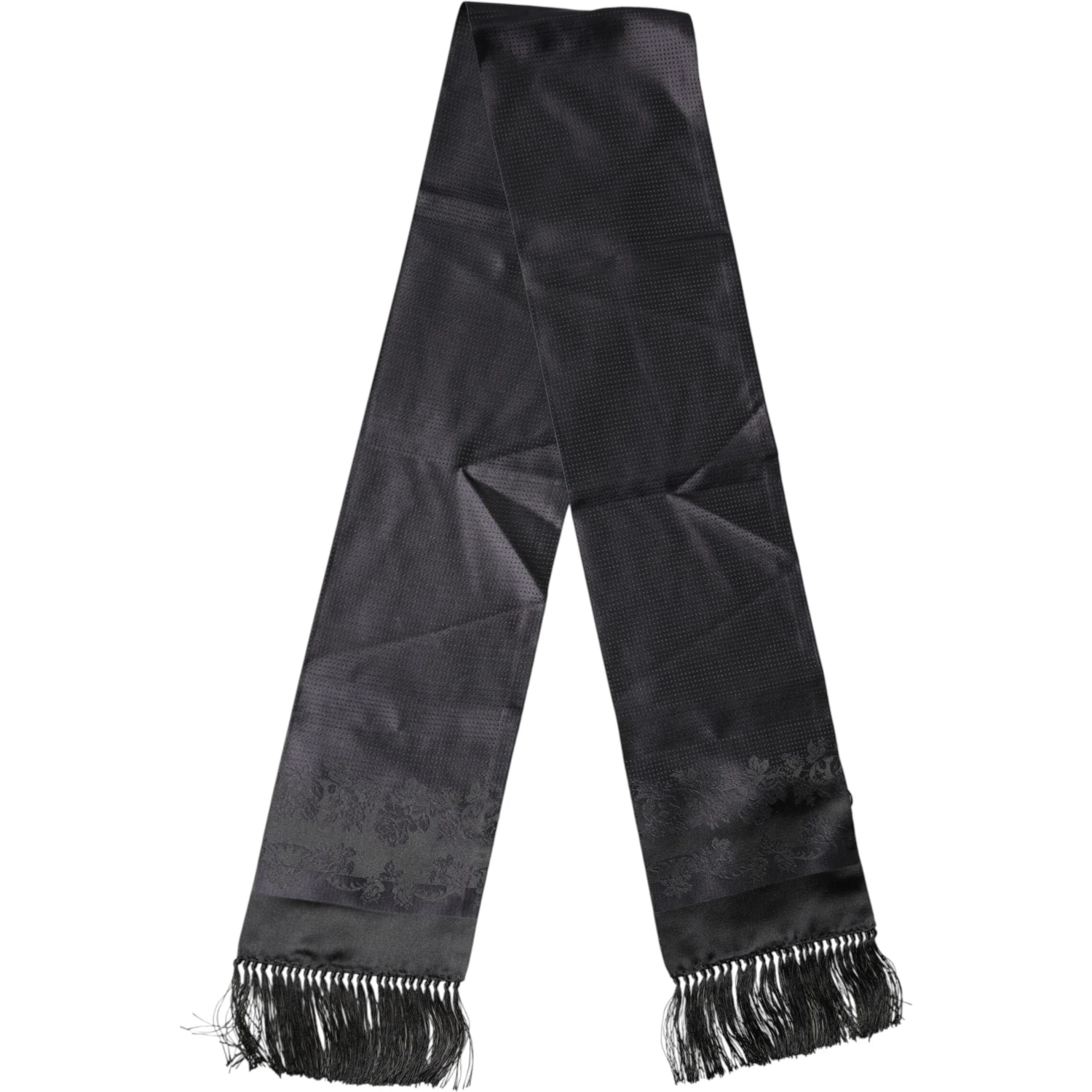 Black Satin Silk Fringes Neck Foulard Scarf