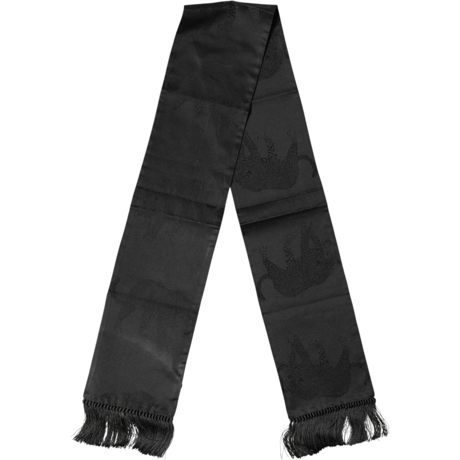 Black Satin Silk Fringes Neck Foulard Scarf