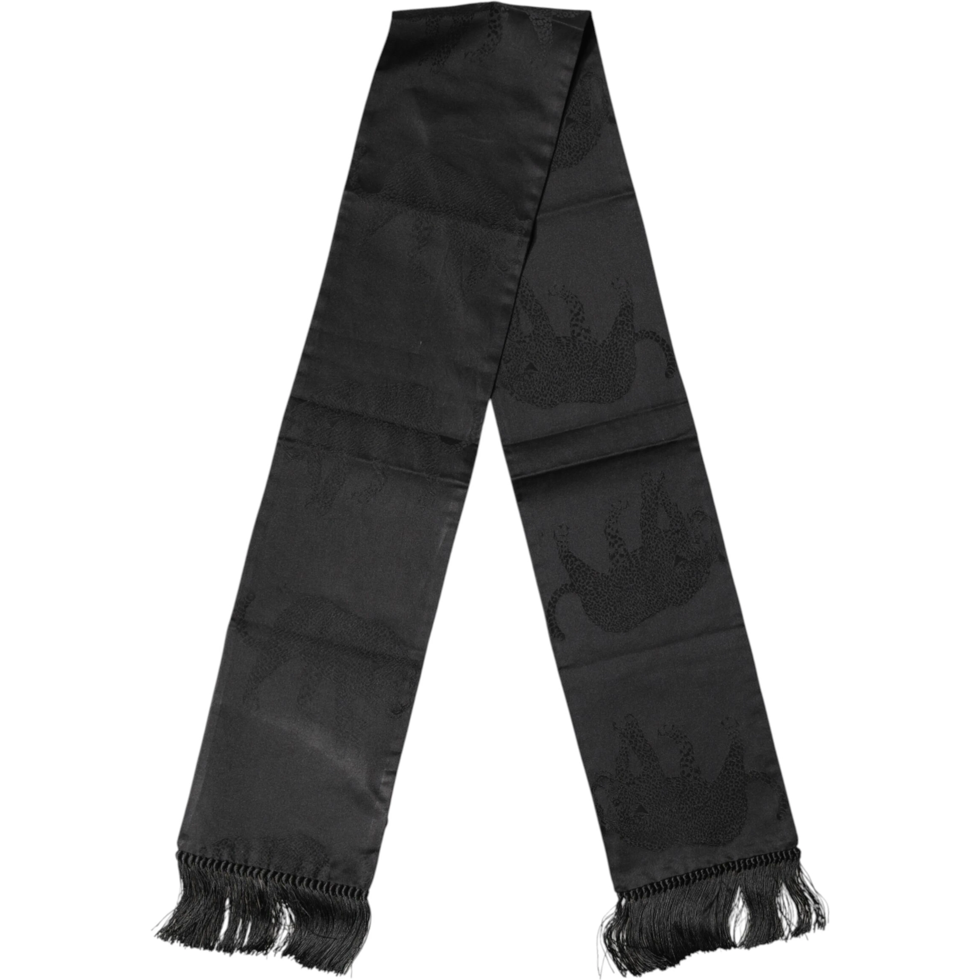 Black Satin Silk Fringes Neck Foulard Scarf