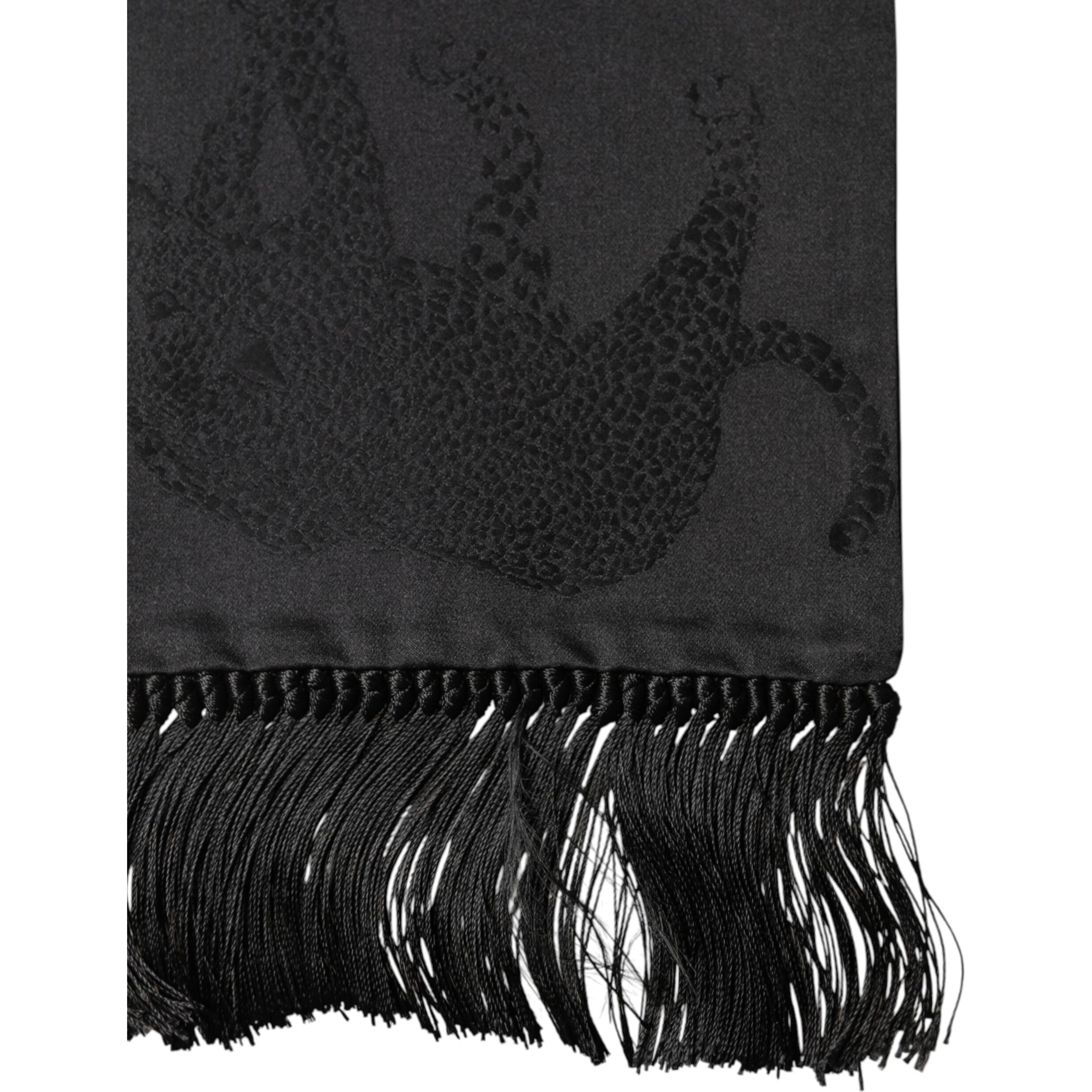 Black Satin Silk Fringes Neck Foulard Scarf