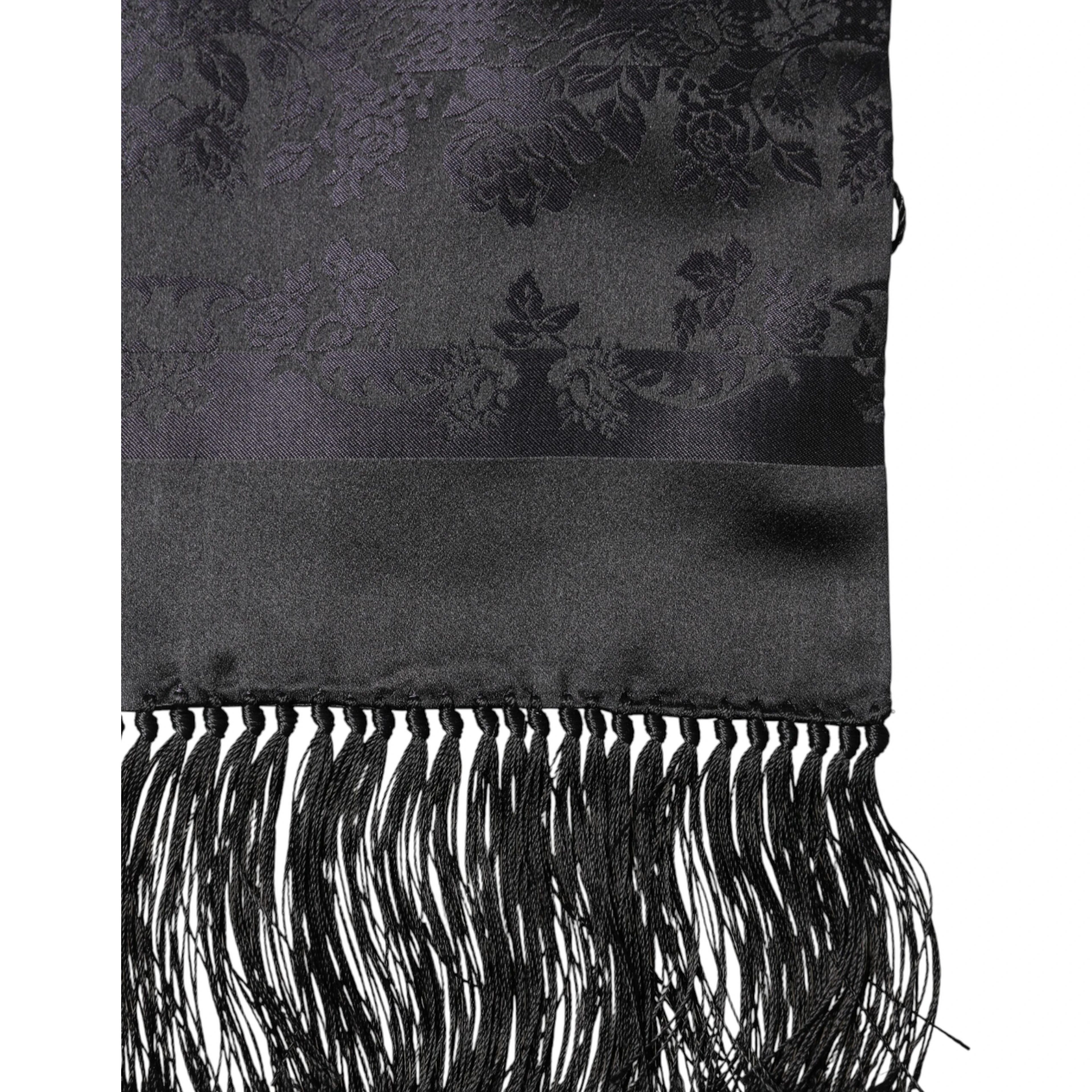 Black Satin Silk Fringes Neck Foulard Scarf