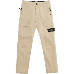 Beige Pants with Logo Patch on the Front and Two Flap Pockets in Stretch Cotton for Kids