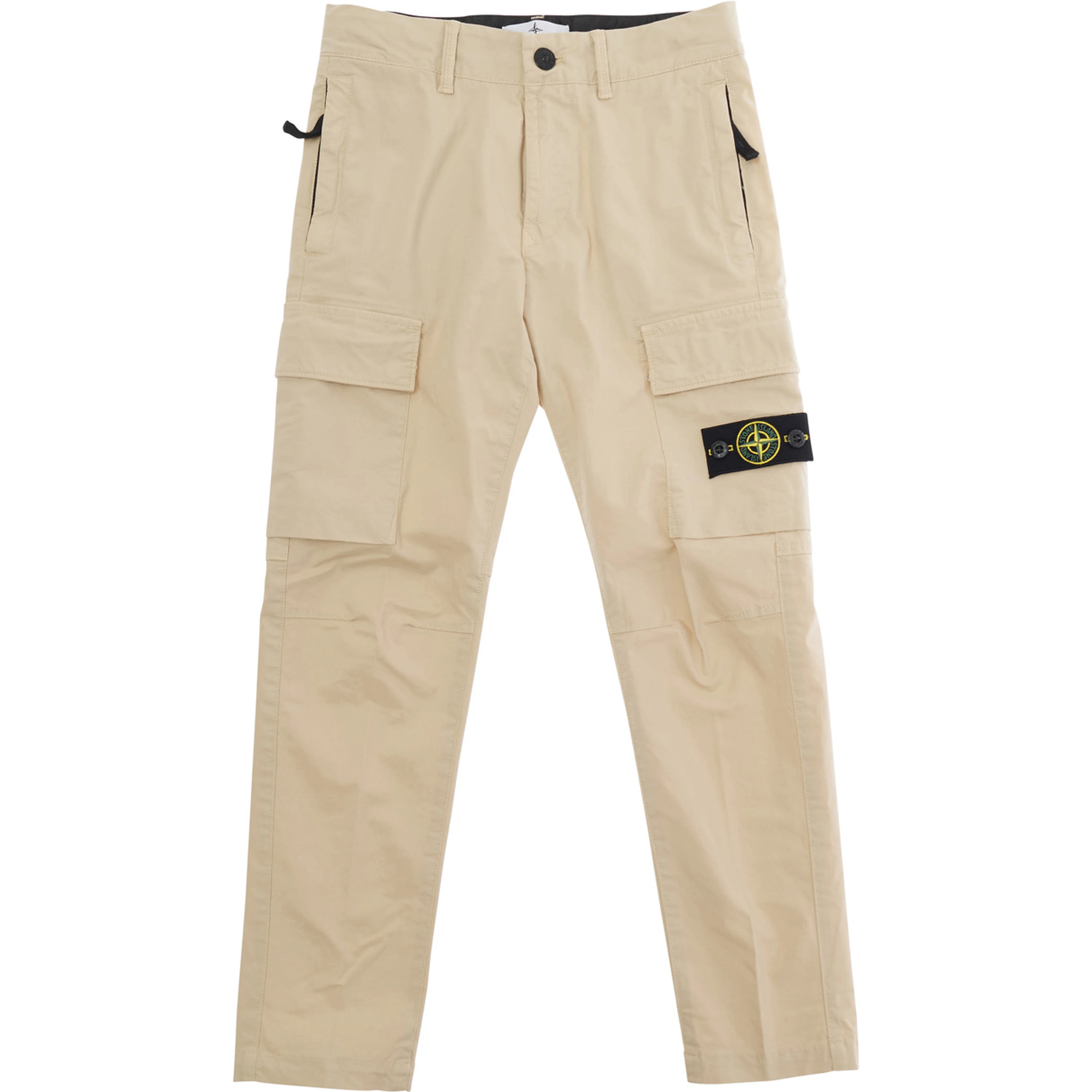 Beige Pants with Logo Patch on the Front and Two Flap Pockets in Stretch Cotton for Kids