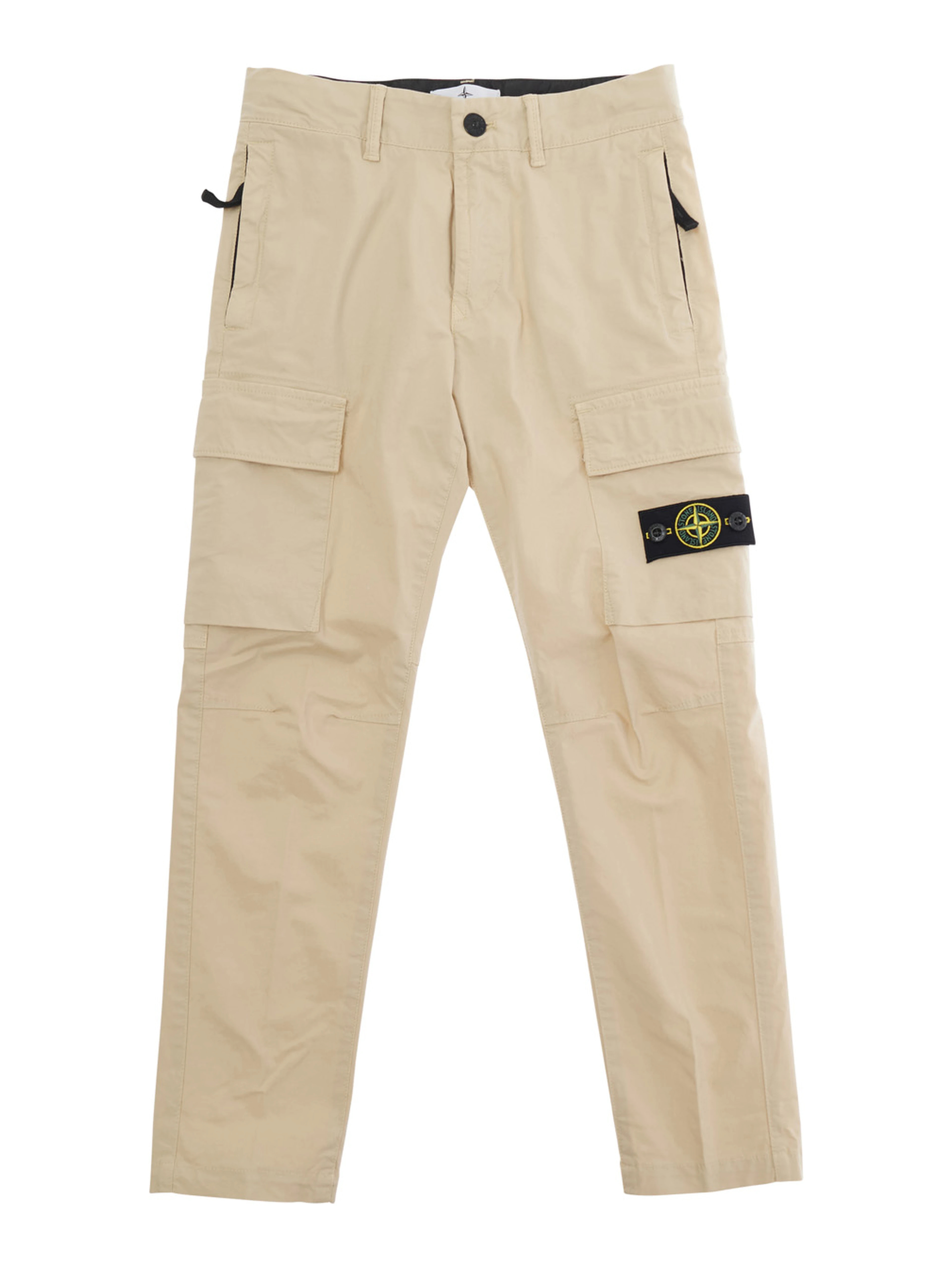 Beige Pants with Logo Patch on the Front and Two Flap Pockets in Stretch Cotton for Kids
