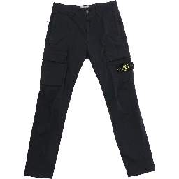 Blue Pants with Logo Patch on the Front and Two Flap Pockets in Stretch Cotton for Kids