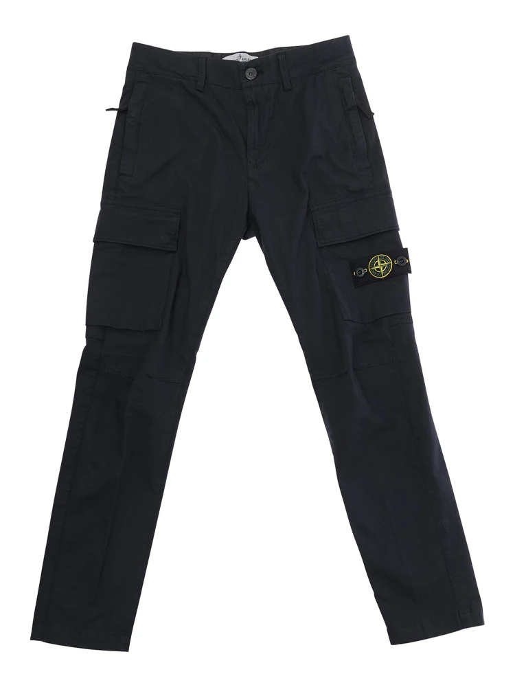 Blue Pants with Logo Patch on the Front and Two Flap Pockets in Stretch Cotton for Kids