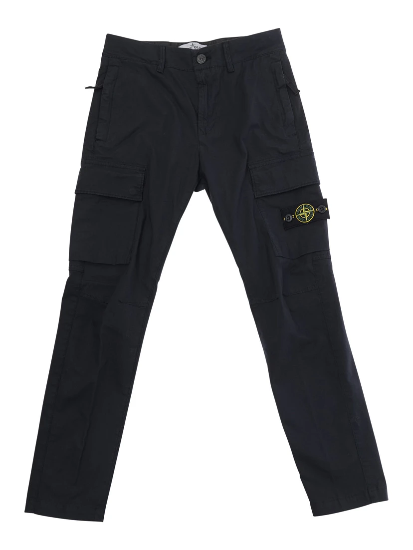 Blue Pants with Logo Patch on the Front and Two Flap Pockets in Stretch Cotton for Kids