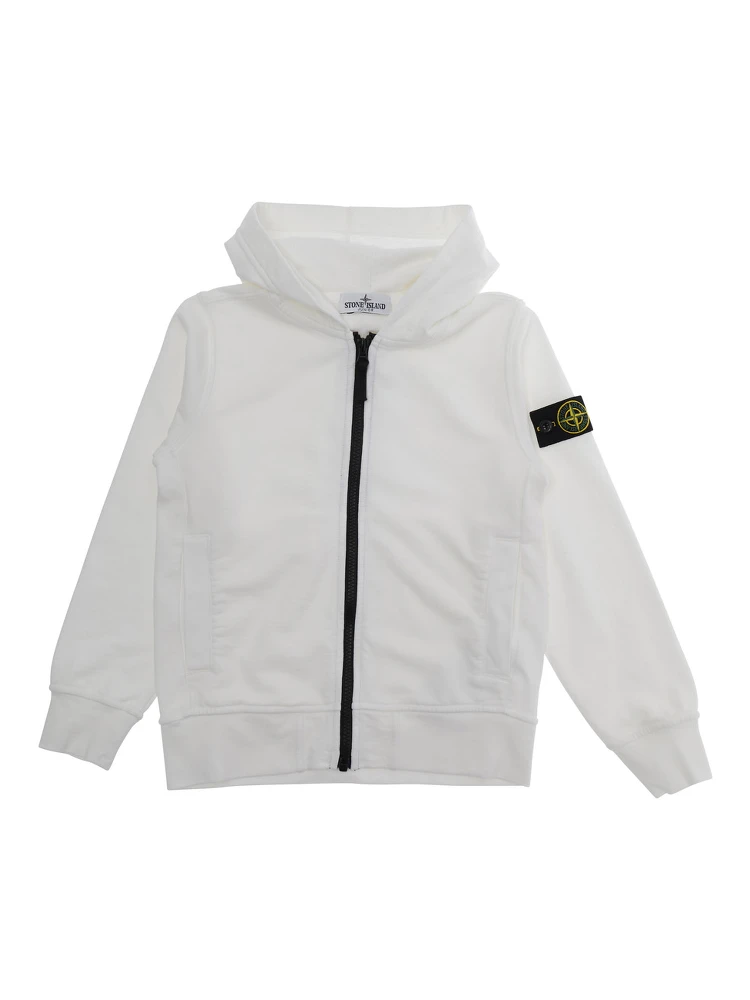 White Sweatshirt with Fixed Hood and Logo Patch on the Sleeve in Cotton Boy