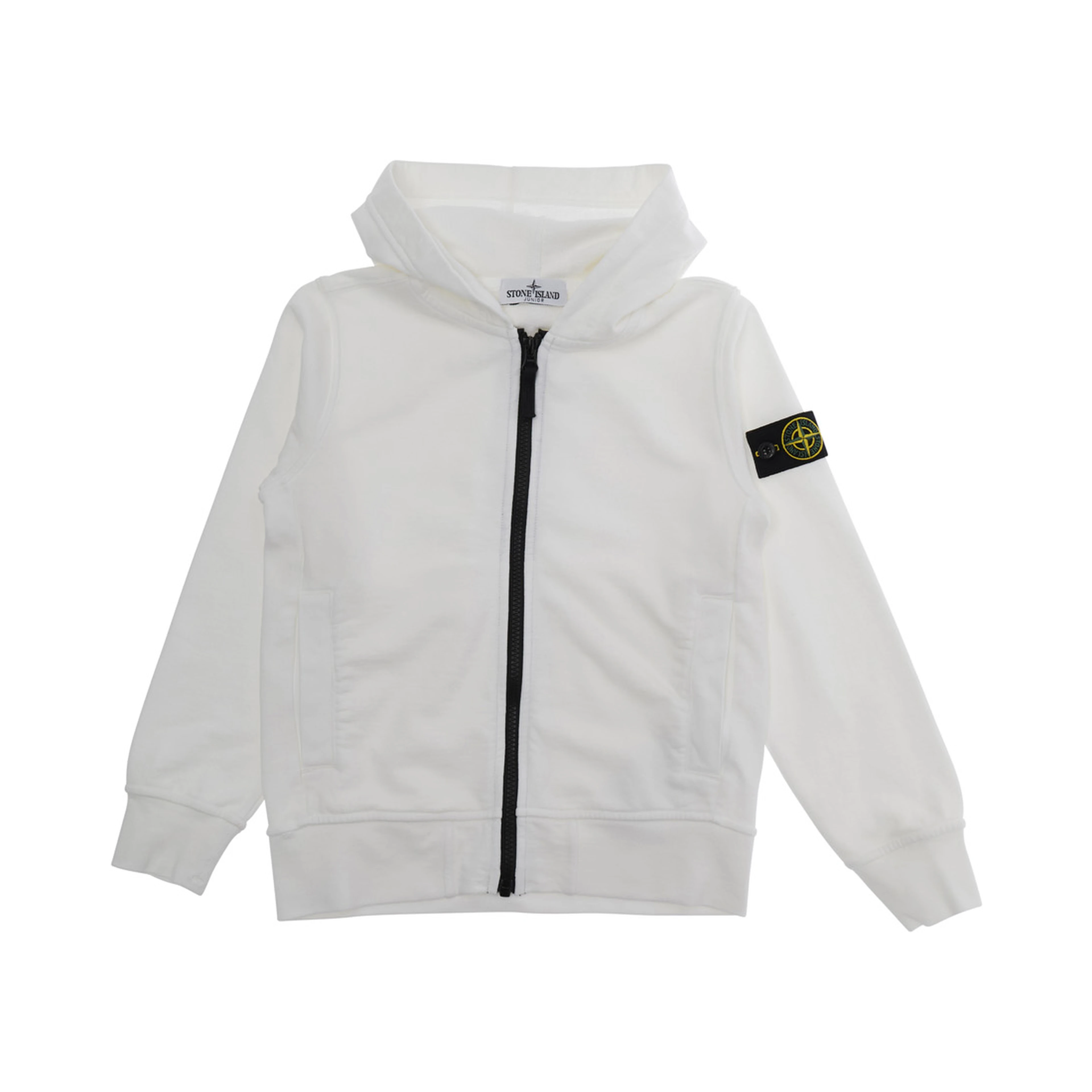 White Sweatshirt with Fixed Hood and Logo Patch on the Sleeve in Cotton Boy