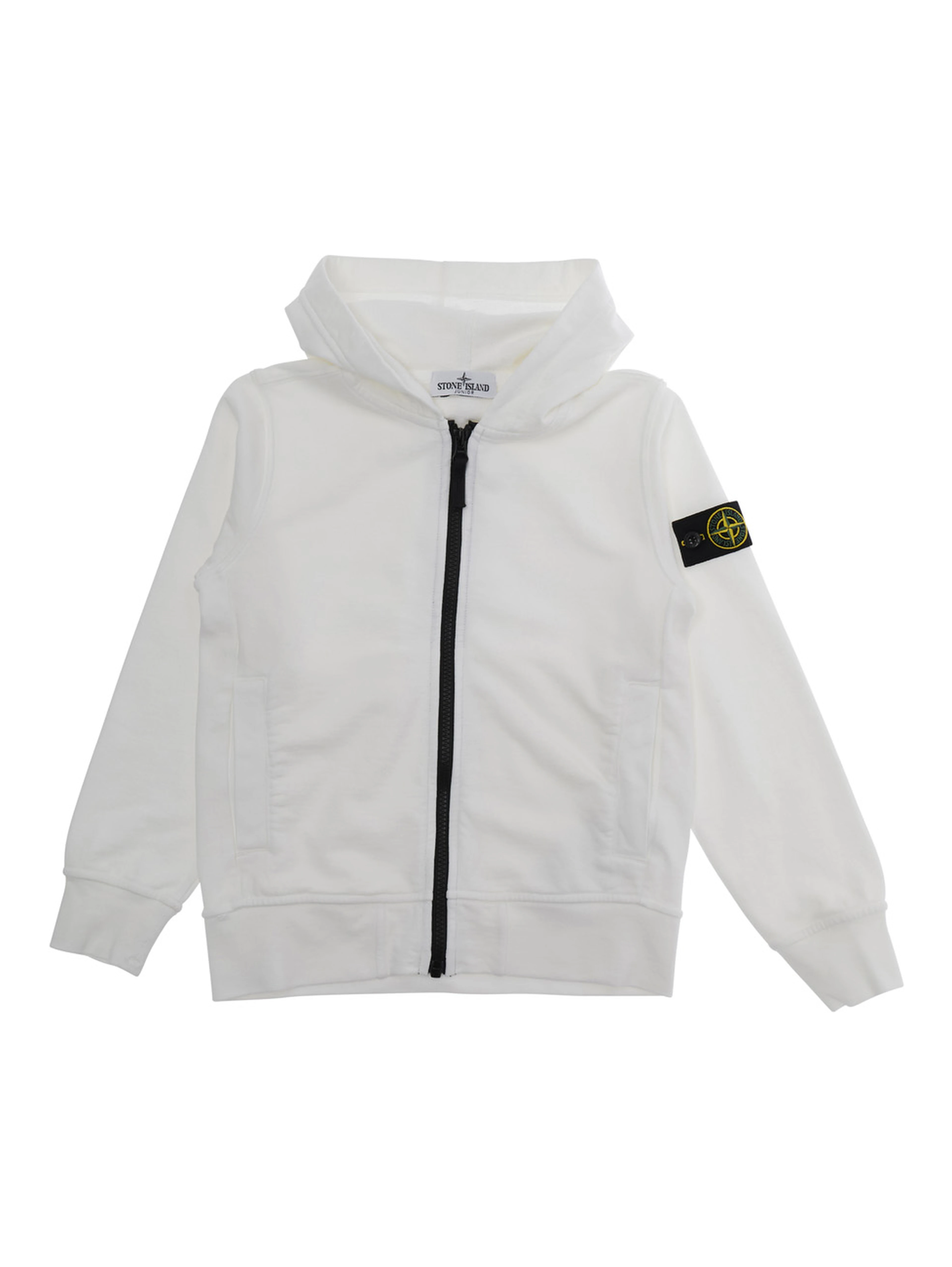 White Sweatshirt with Fixed Hood and Logo Patch on the Sleeve in Cotton Boy