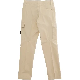 Beige Pants with Logo Patch on the Front and Two Flap Pockets in Stretch Cotton for Kids