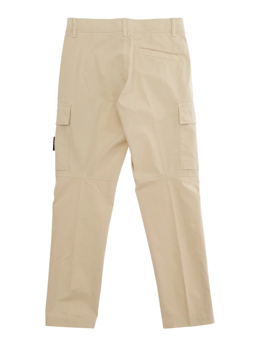 Beige Pants with Logo Patch on the Front and Two Flap Pockets in Stretch Cotton for Kids