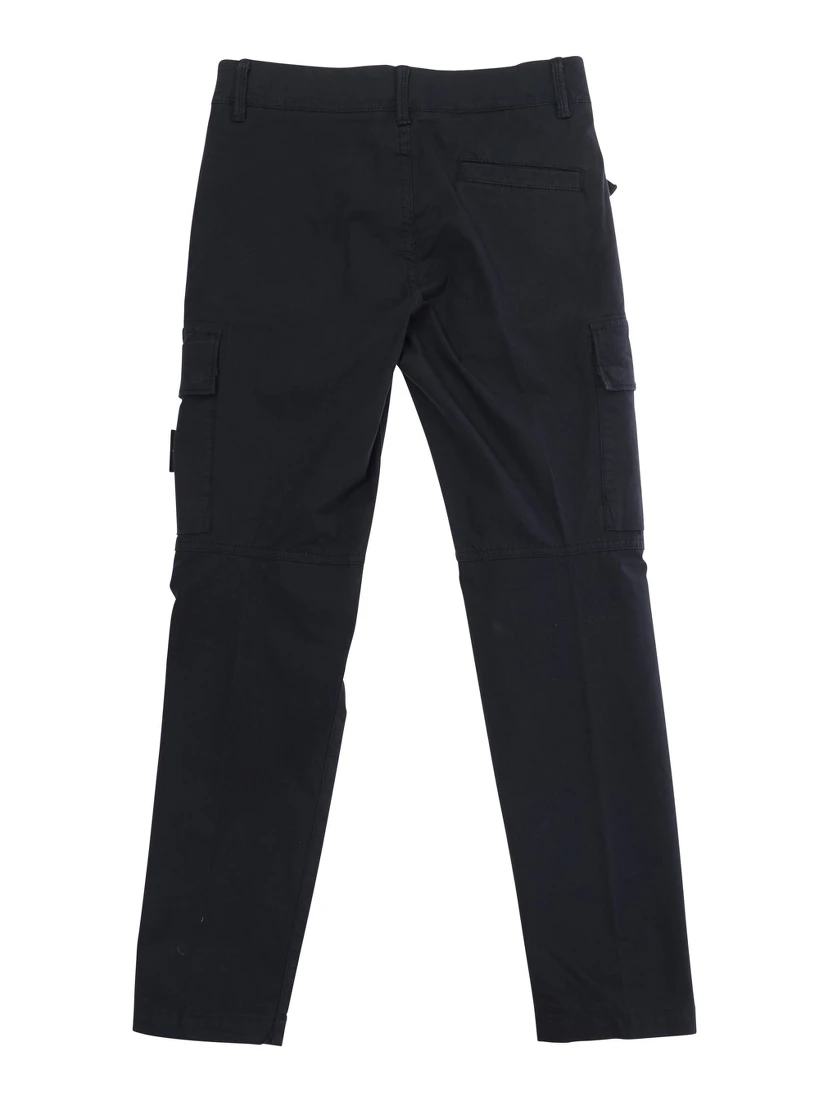 Blue Pants with Logo Patch on the Front and Two Flap Pockets in Stretch Cotton for Kids