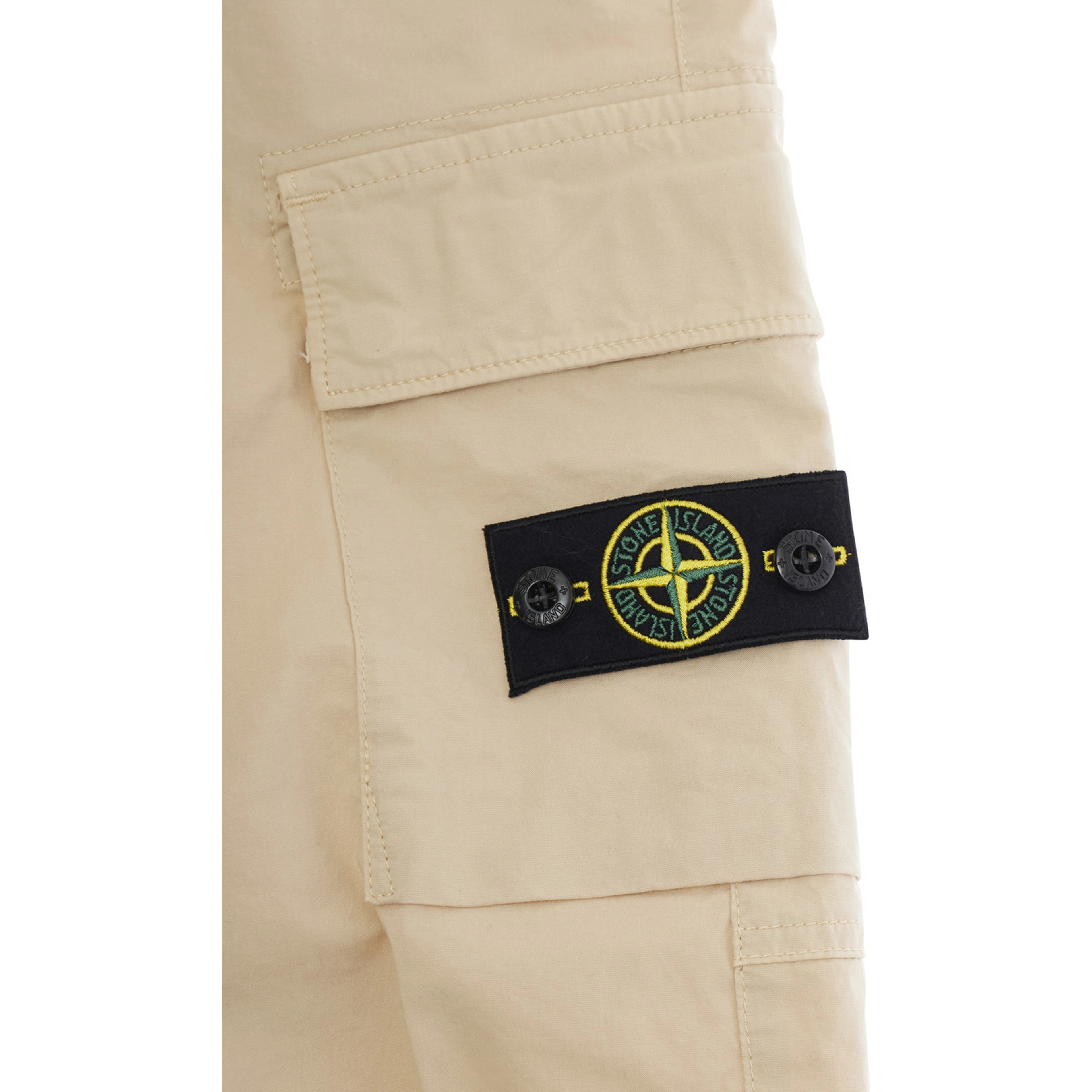 Beige Pants with Logo Patch on the Front and Two Flap Pockets in Stretch Cotton for Kids