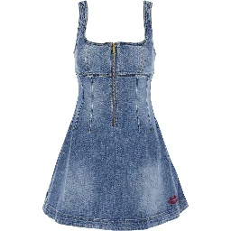 Blue Dress with Zip Closure on the Front and Embroidered Logo in Denim Woman
