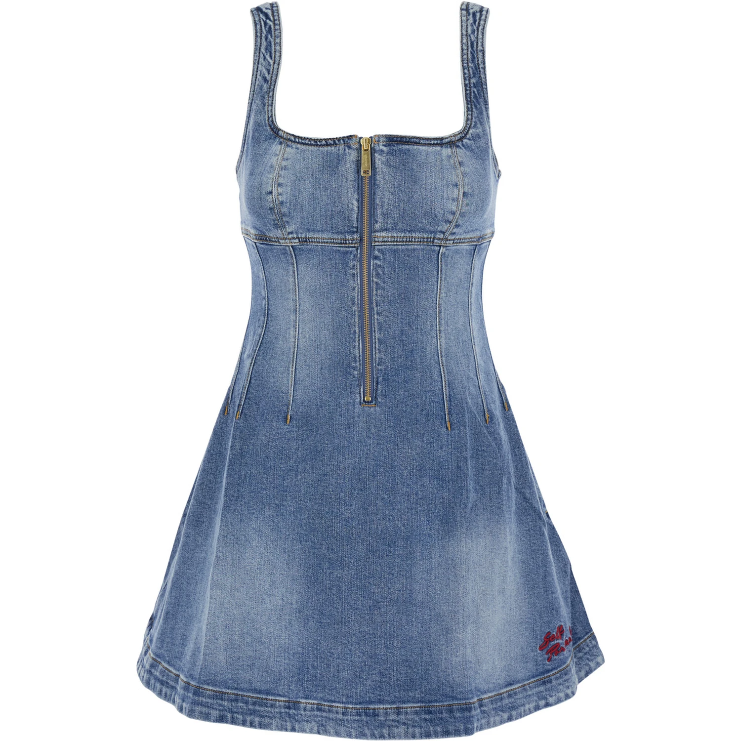 Blue Dress with Zip Closure on the Front and Embroidered Logo in Denim Woman